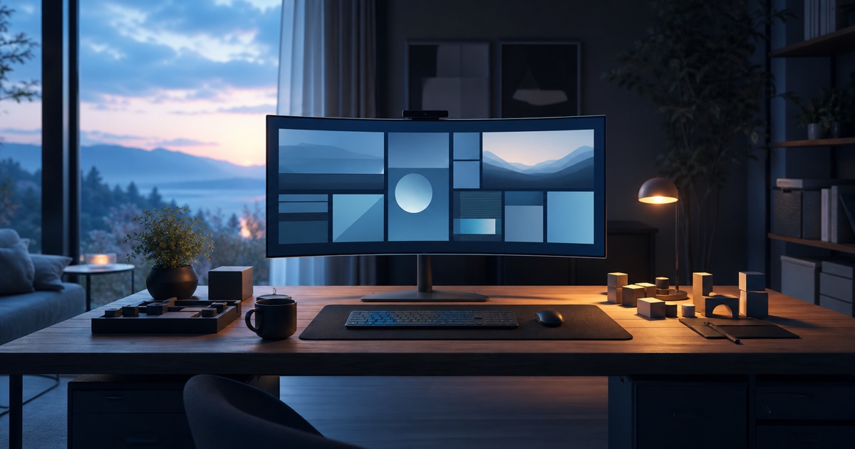 Ruhiger digitaler Arbeitsplatz in einem Wohnzimmer bei Sonnenaufgang.